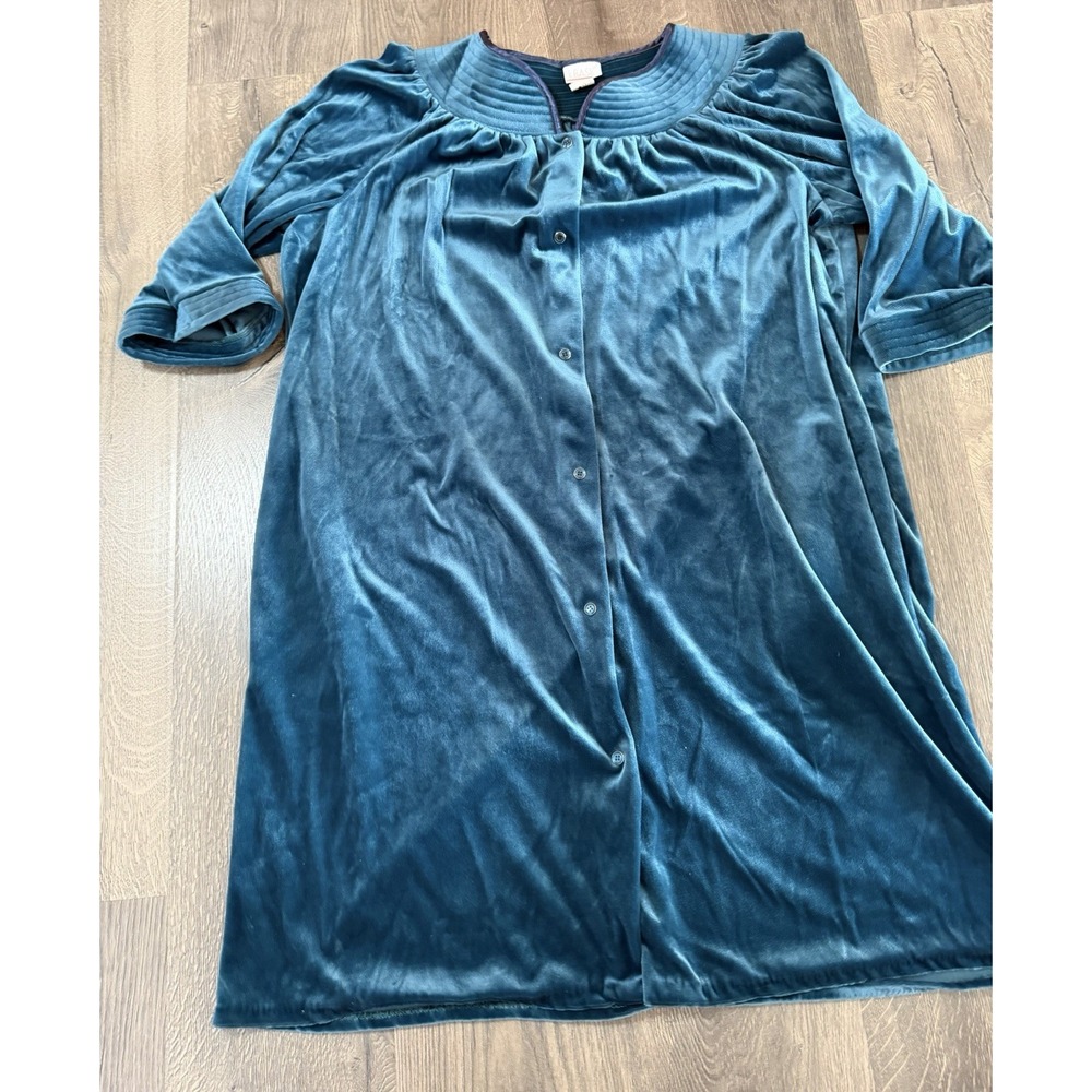 Simply Basic Vtg Velour Robe House Coat Sz L Snap Front Buttons Teal Blue